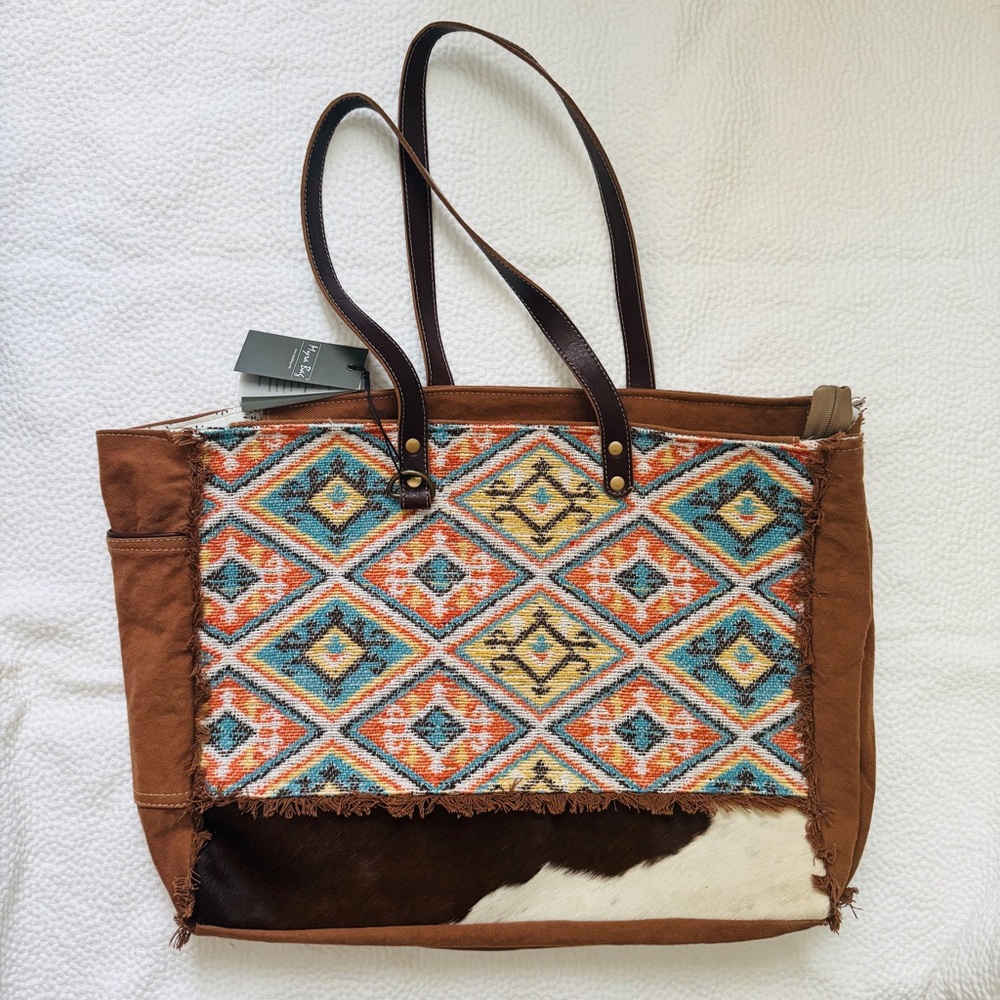 Myra XL Weekender Bag/Tote Bag in Brown, Turquoise & Orange